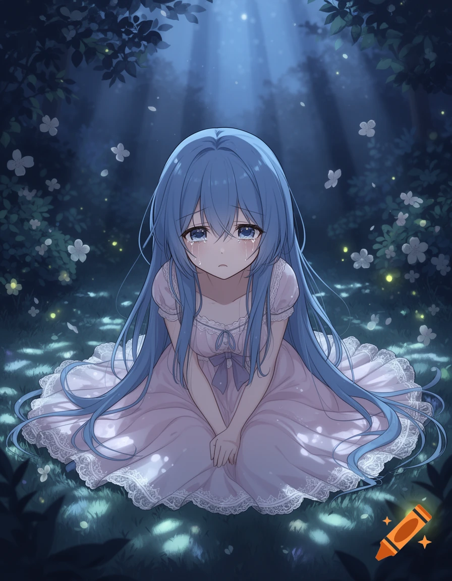 A sad anime girl with blue hair sits crying in a mystical, dark forest with glowing flora.