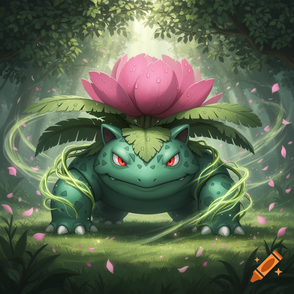 A powerful Mega Venusaur with a vibrant pink lotus on its back, standing in a magical forest with glowing green vines and falling pink petals.
