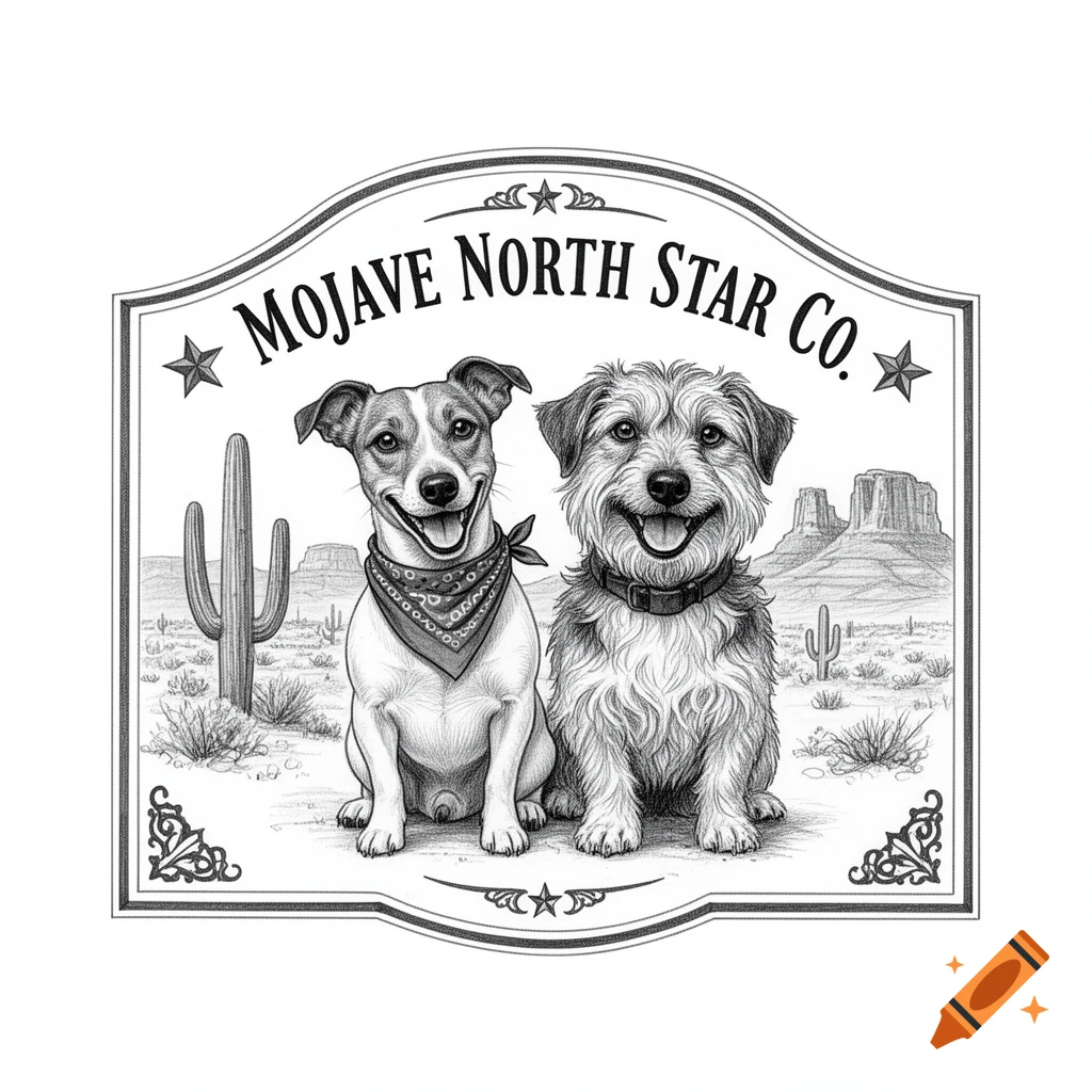 Black and white sketch of two happy terrier dogs with desert elements and 'Mojave North Star Co.' on a western-style label.