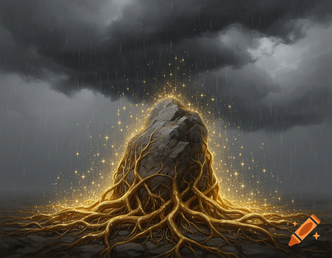 Digital painting of a rock with glowing golden roots under a stormy sky, where rain turns to golden sparks upon impact.