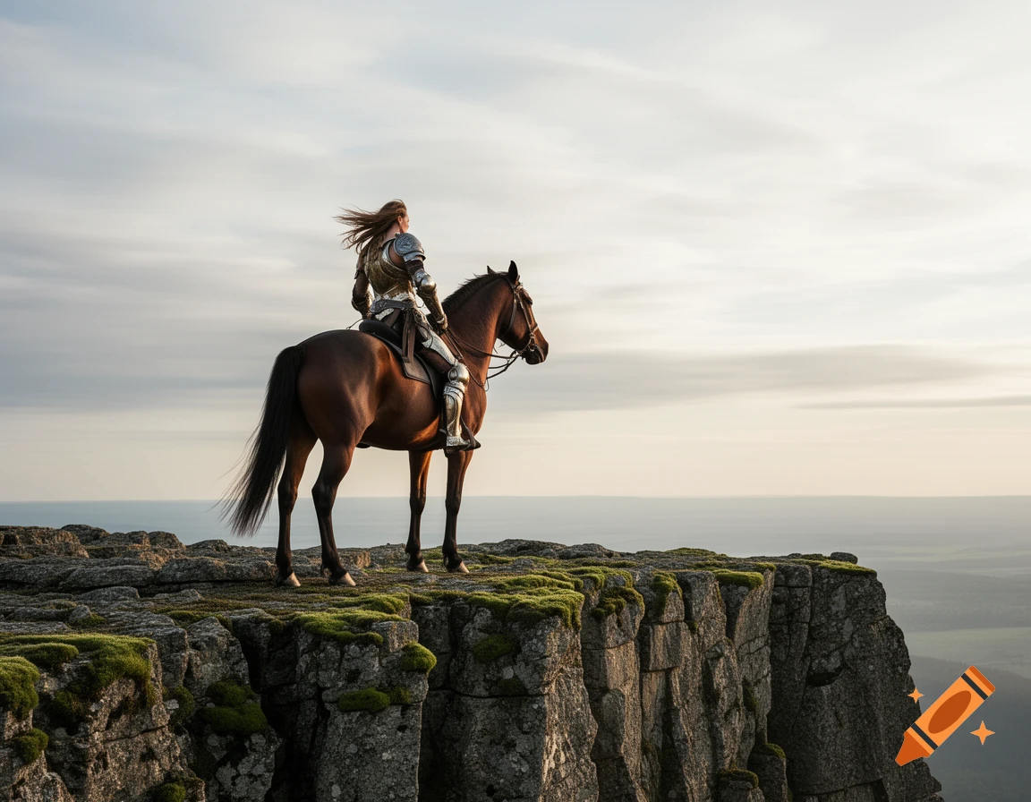 Photorealistic image of a warrior woman in armor on a horse, standing on a rocky cliff overlooking a vast landscape at sunset.