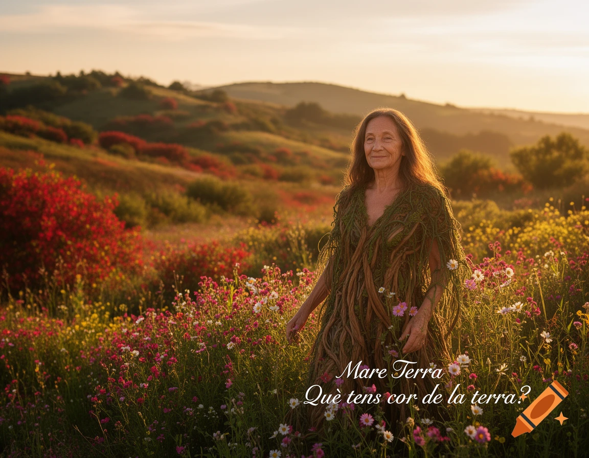 A smiling older woman with long hair and a dress made of roots and vines stands in a vibrant field of wildflowers at sunset, with text overlaid.