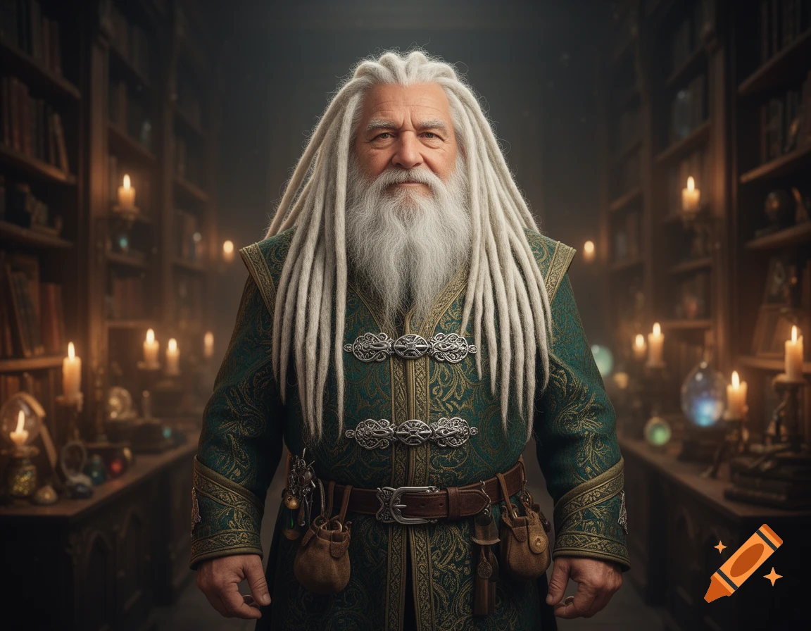 A wise-looking man with long white dreadlocks and beard, wearing an ornate green robe, stands in a dimly lit library surrounded by bookshelves and candles.