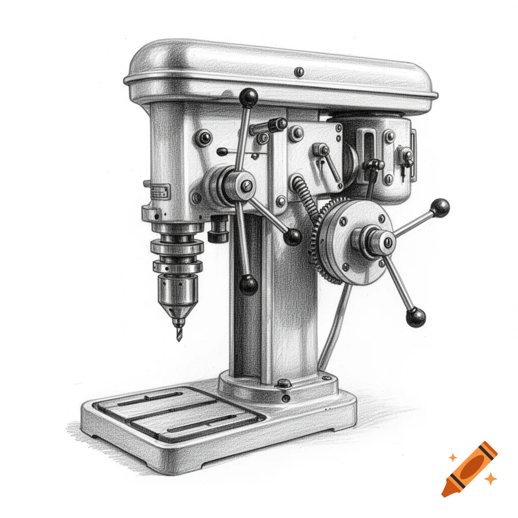 A detailed black and white pencil drawing of a vintage industrial drill press, rendered with various pencil hardnesses.