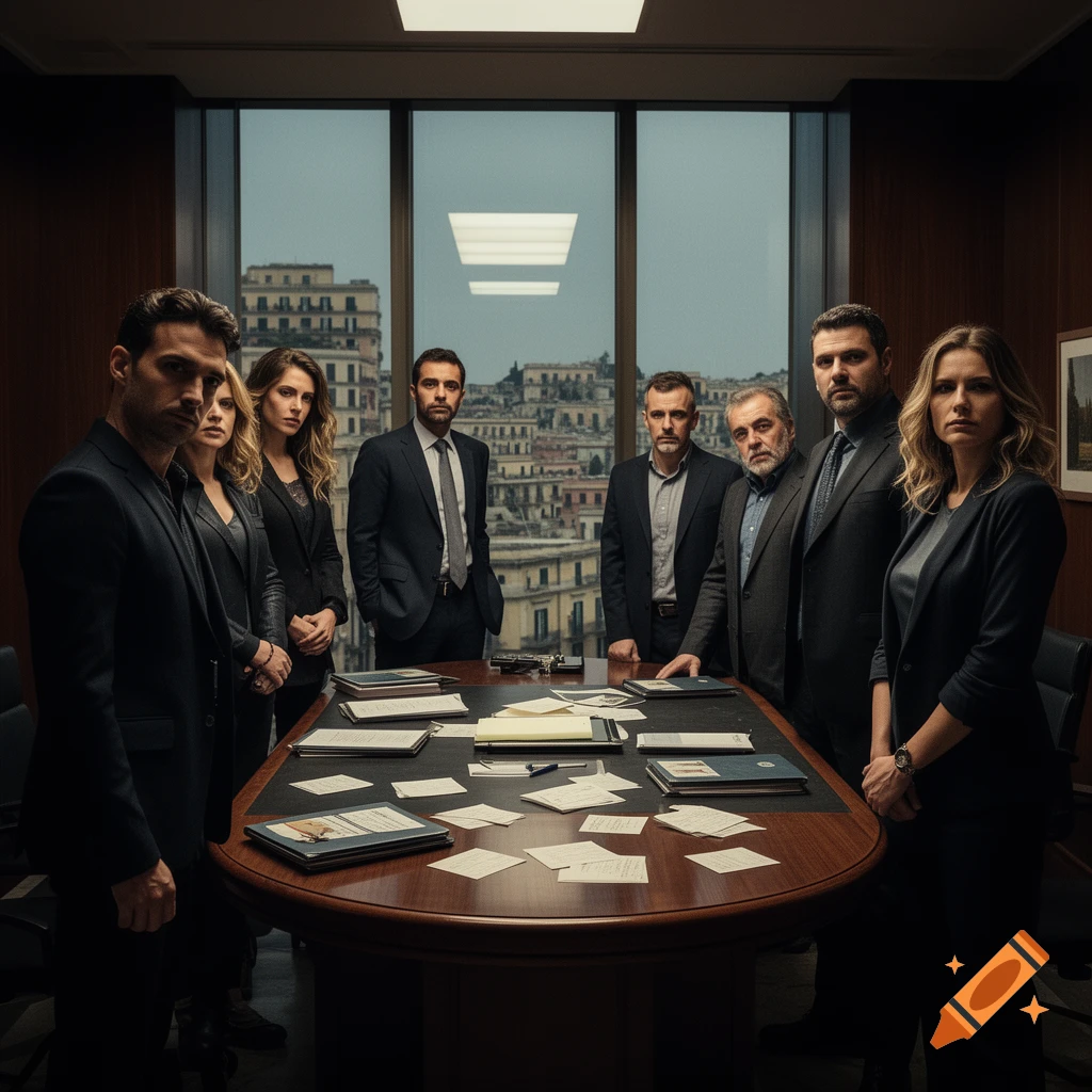 A group of serious-looking men and women in dark suits gather around a large conference table in a modern office with a city view outside windows.