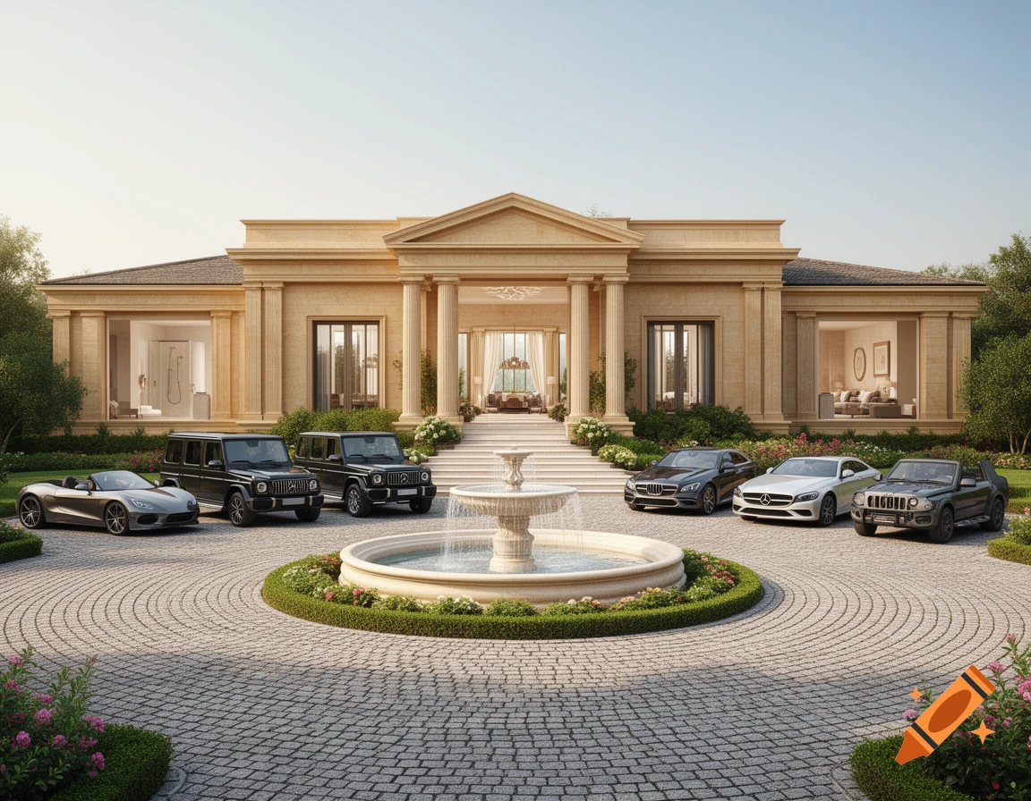 A photorealistic image of a grand beige mansion with a circular driveway, fountain, and six luxury cars in front.