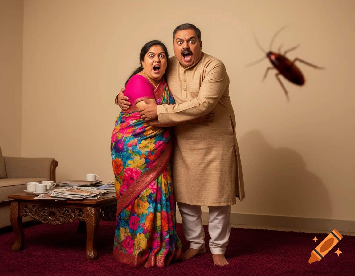 A plump Indian couple in traditional attire screams in fear as a large cockroach flies towards them in their living room.
