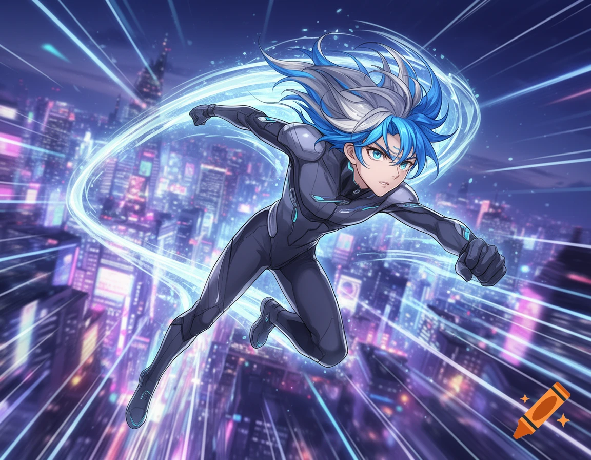 An anime hero with blue and white hair, in a dark suit, flies through a futuristic neon city at night, surrounded by light trails.