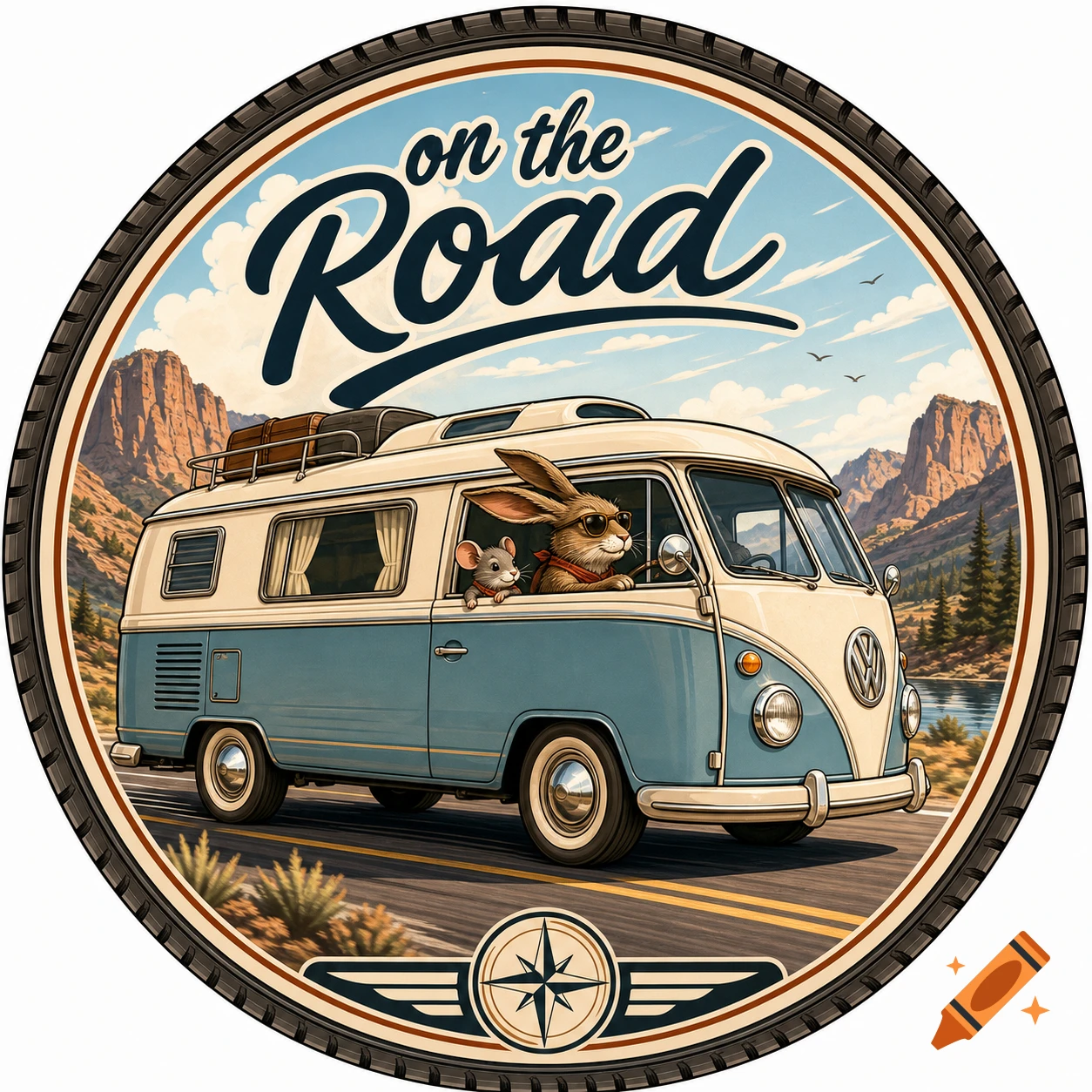 Circular logo with a cartoon rabbit in sunglasses driving a retro blue and white camper van, a mouse rides shotgun. Text 'on the Road'.