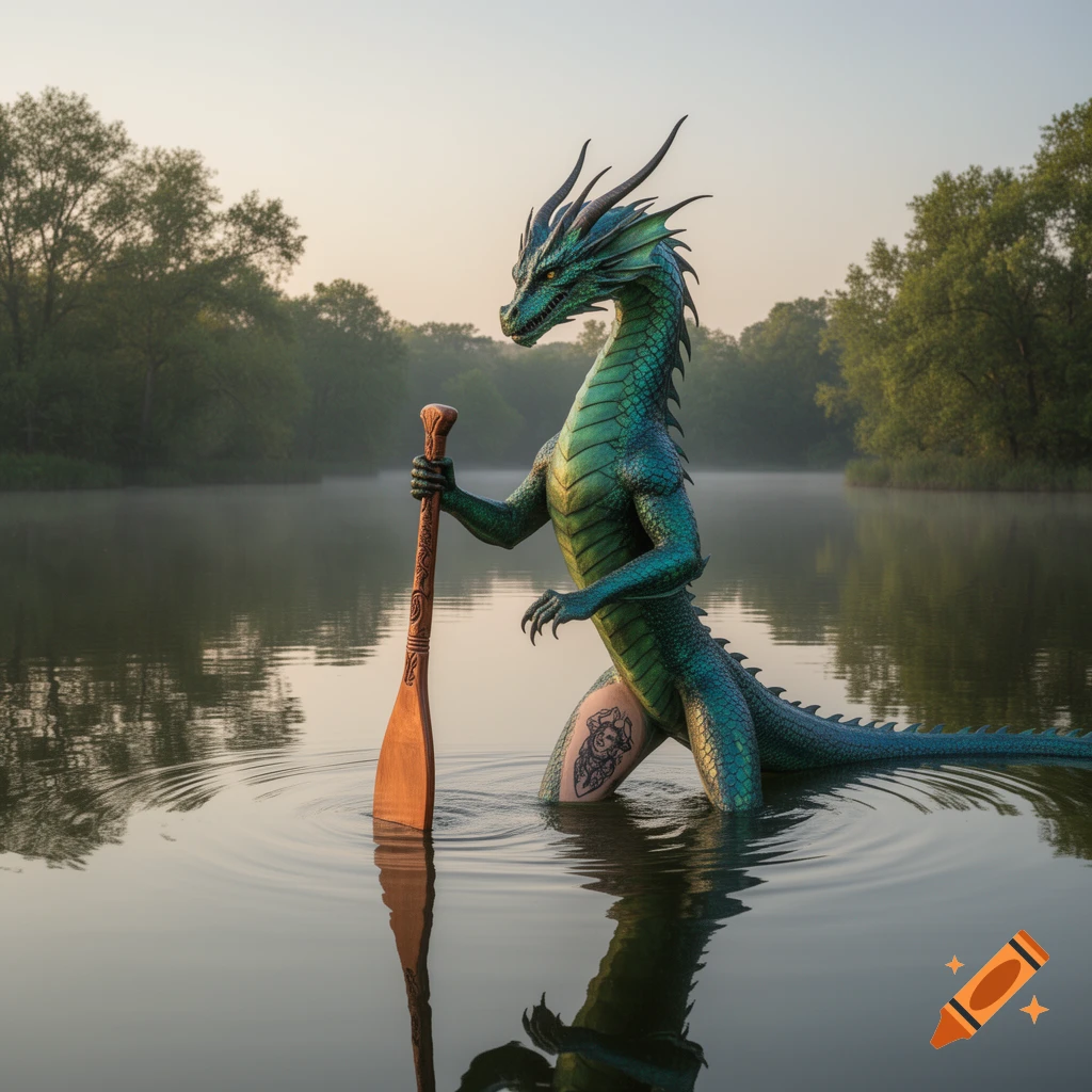 Photorealistic green dragon with a tattoo on its leg stands in a misty lake, holding a wooden paddle, with trees in the background.