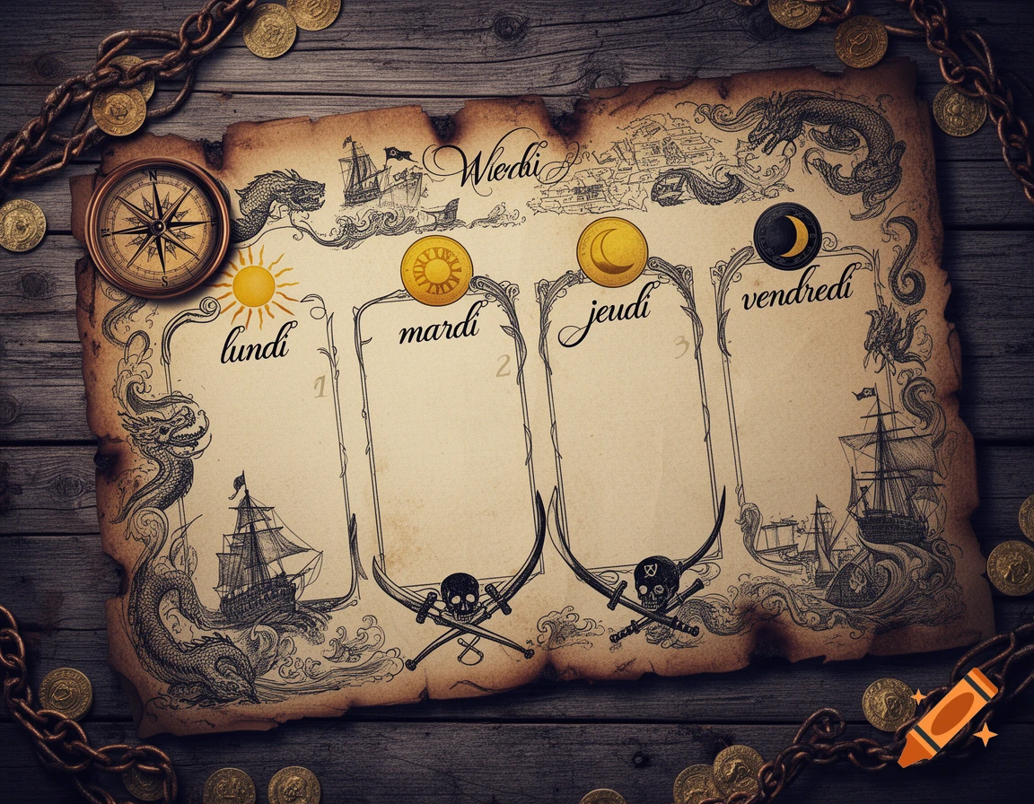 Pirate-themed weekly planner on an old parchment with ships, dragons, compass, gold coins, and skull and crossbones on a wooden table.