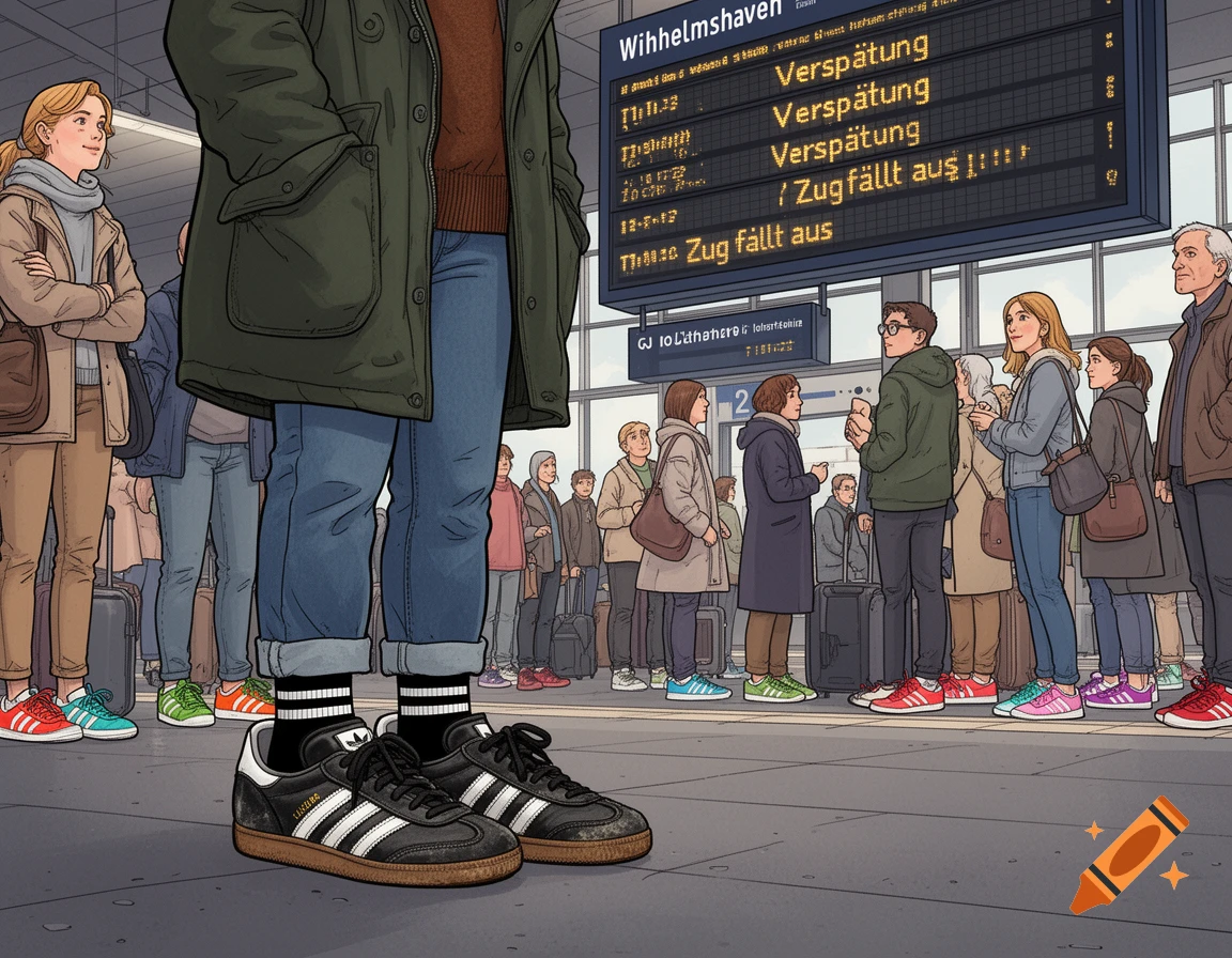 Comic illustration of people waiting at a train station, focused on a person's feet in Adidas Samba sneakers, with a departure board showing delays.