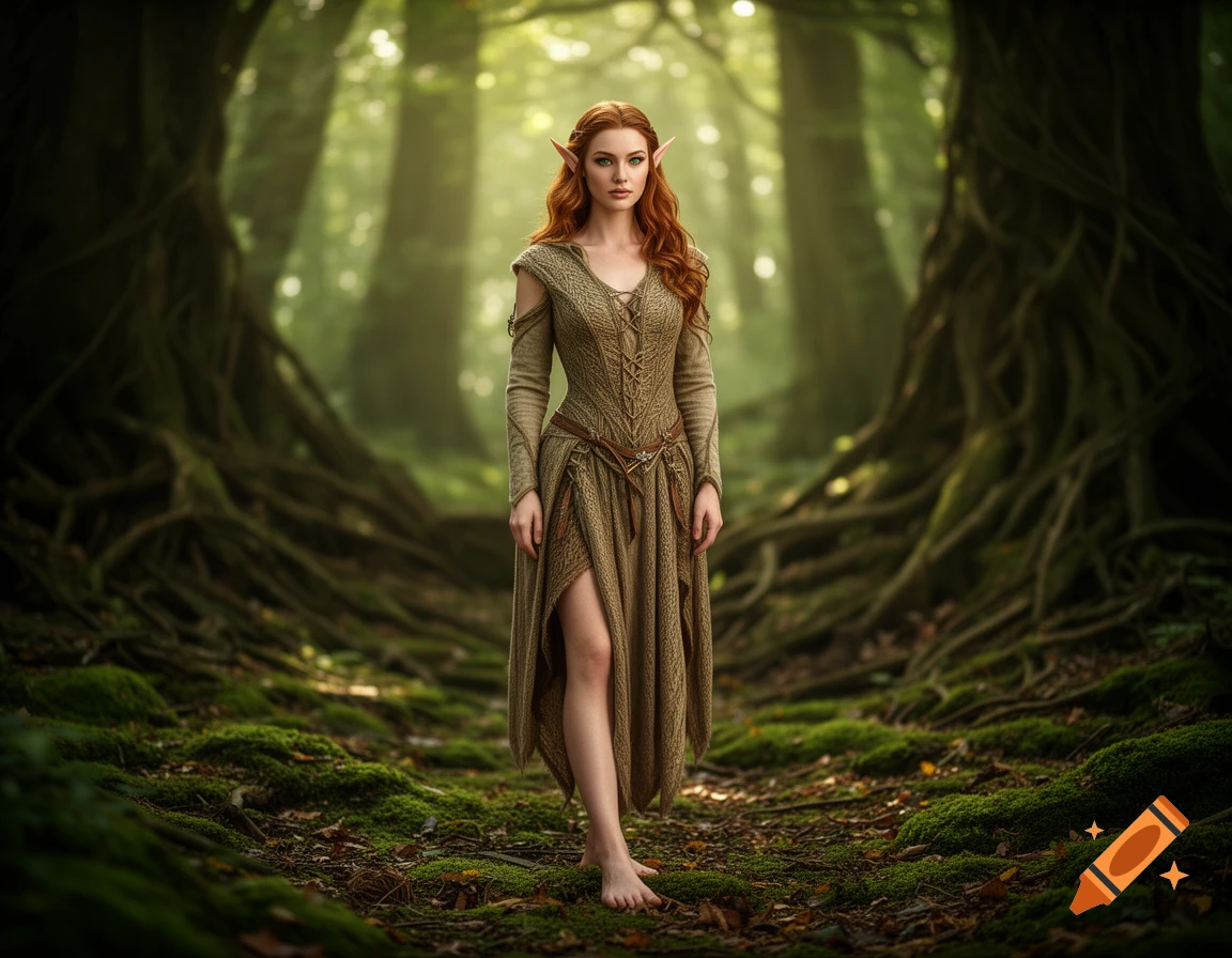 A red-haired female elf in a brown dress stands barefoot on mossy ground in an enchanted, sunlit forest.
