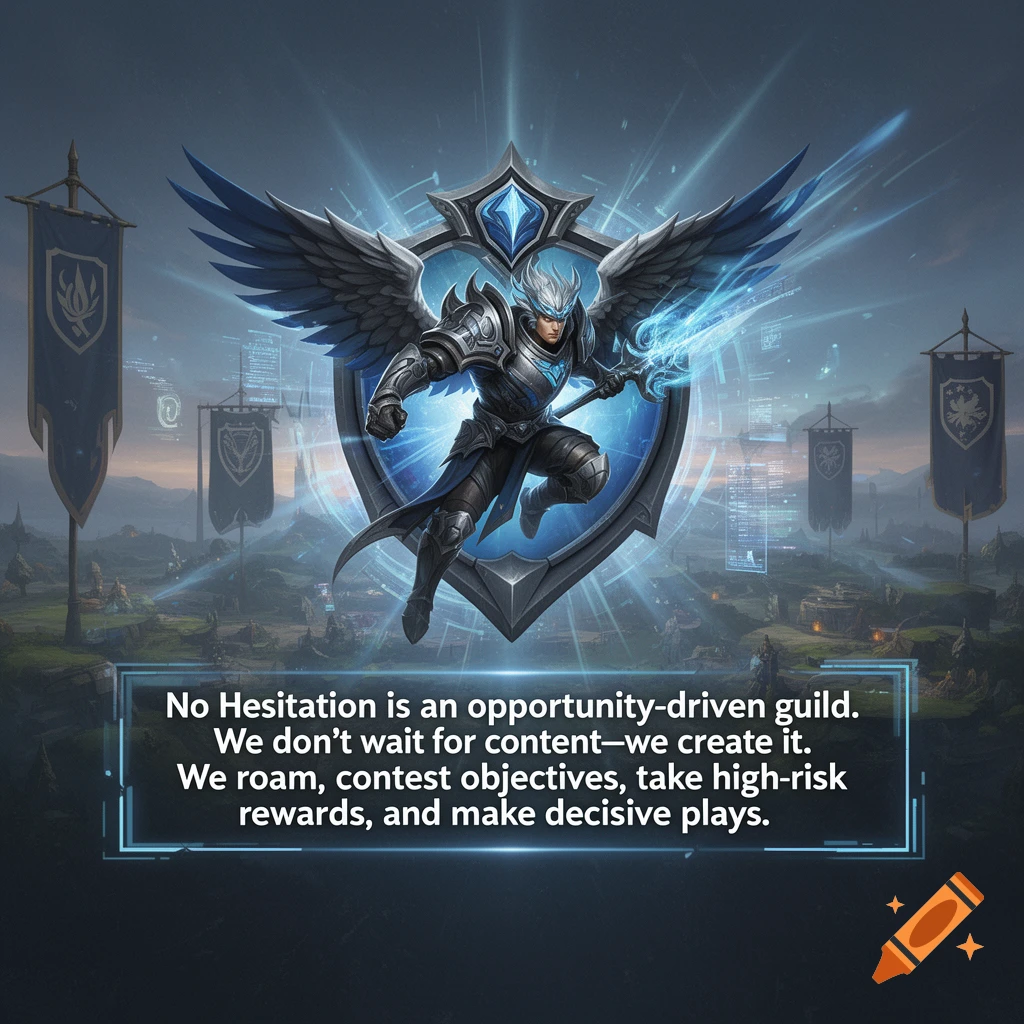 Stylized illustration of an angelic warrior in armor with a glowing weapon and shield, floating above a fantasy landscape with banners, with a block of text at the bottom.