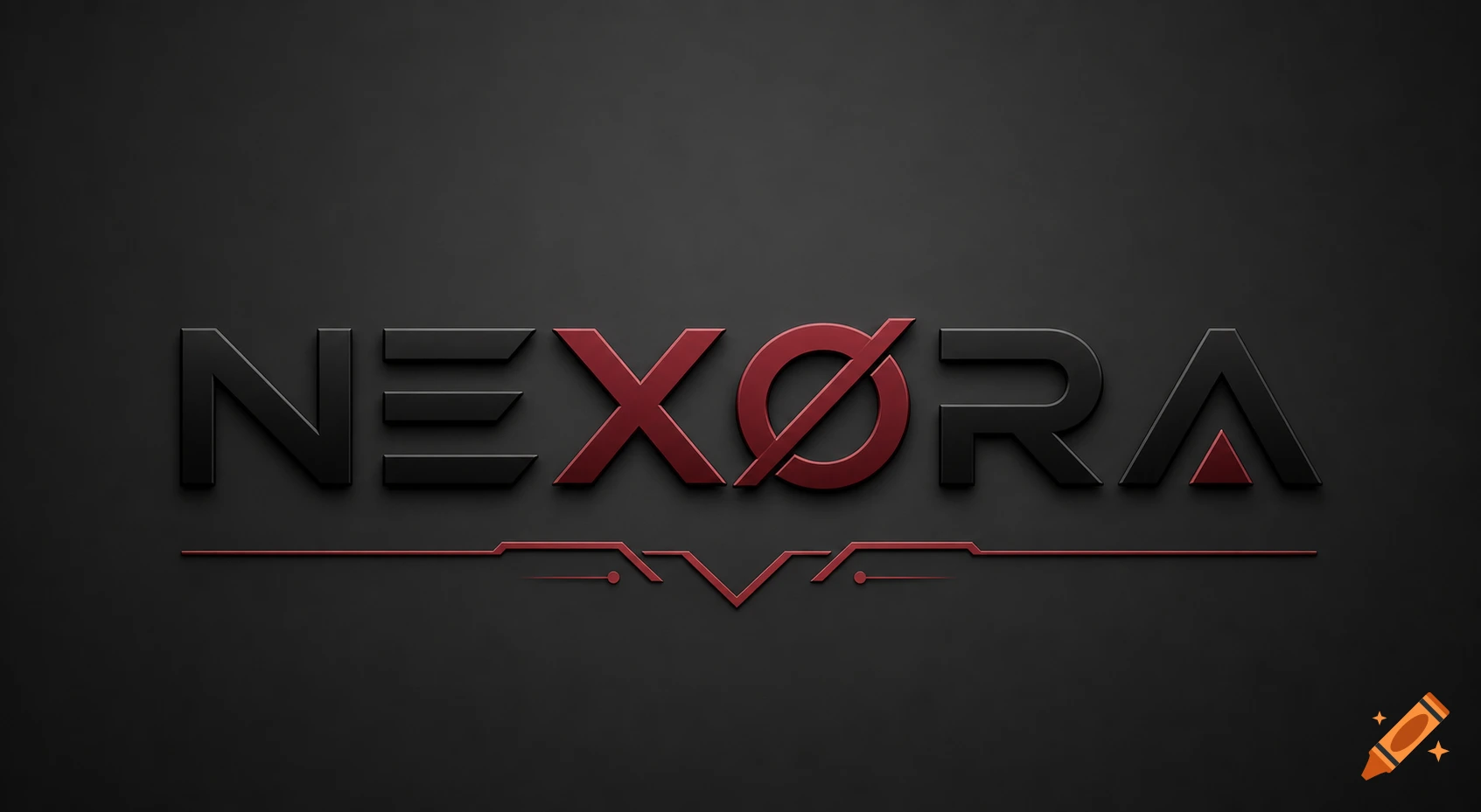 Stylized 3D embossed 'NEXØRA' logo in black and red with futuristic lines on a dark gray background.