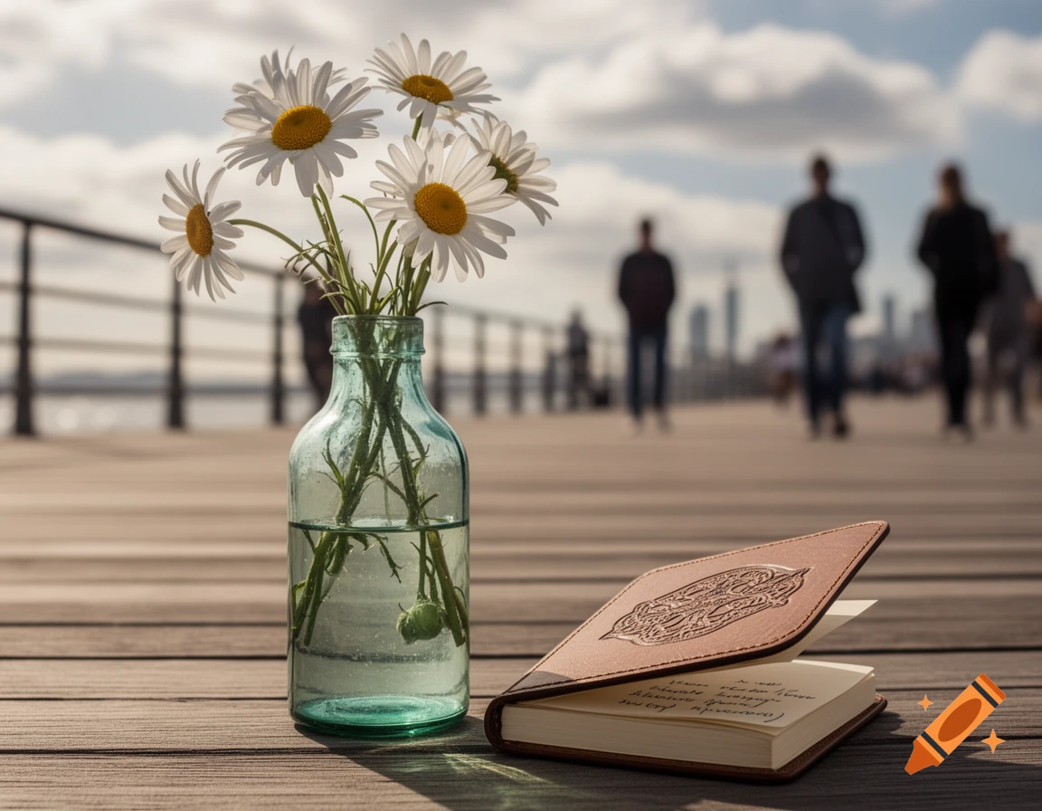 A bouquet of white daisies in a clear bottle and an open book with illegible text on a wooden pier with blurred people and a cityscape.
