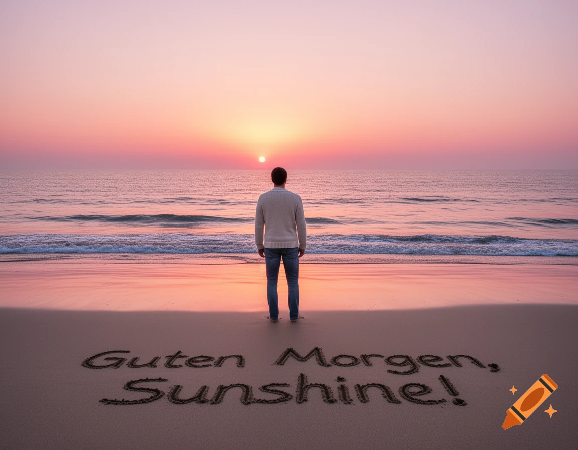 A man stands on a beach facing a vibrant pink and orange sunrise over the ocean, with "Guten Morgen, Sunshine!" written in the sand.
