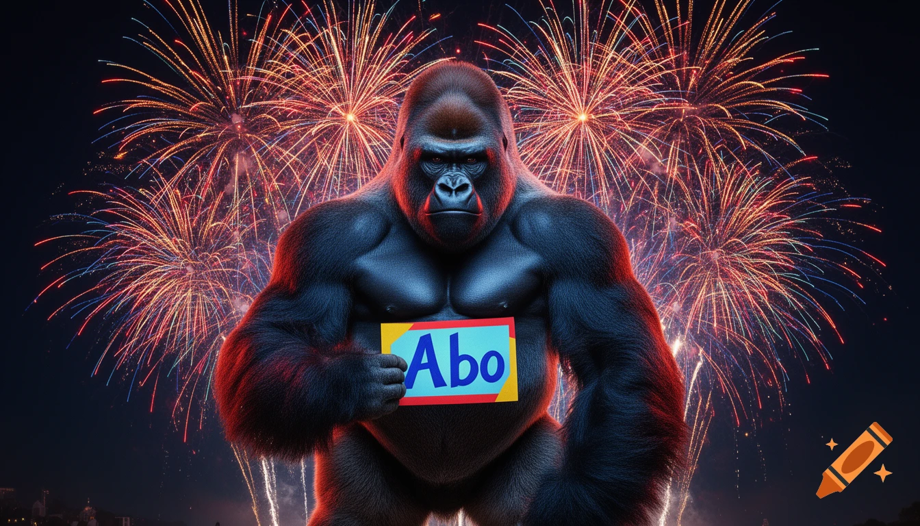 A muscular gorilla stands holding a sign displaying the word "Abo" against a backdrop of colorful fireworks.