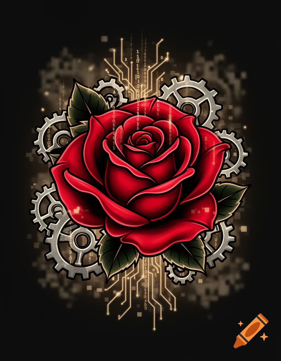 A vibrant red rose in American traditional tattoo style, surrounded by metallic gears, glowing circuit lines, and binary code on a dark background.