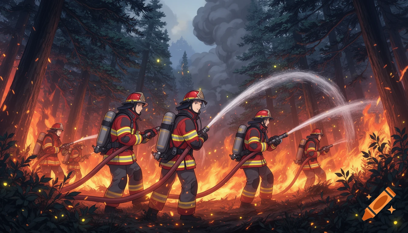 Anime-style firefighters battle a large forest fire at night, spraying water amidst glowing embers and smoke.