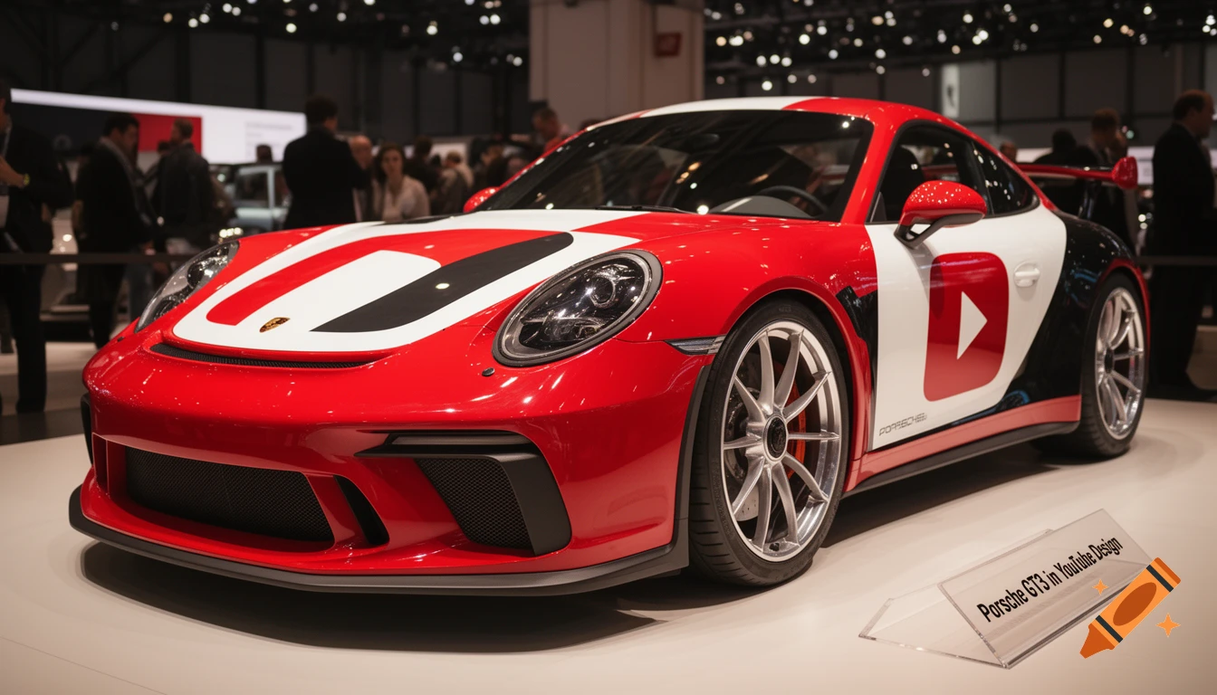 A red, white, and black Porsche GT3 with a YouTube logo on its side is displayed at an auto show.