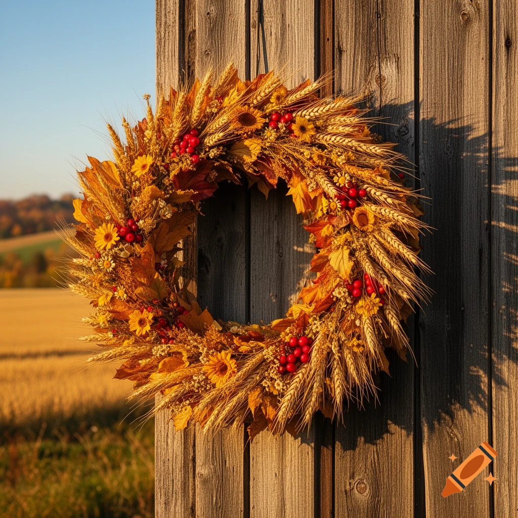 A vibrant autumn harvest wreath with wheat, leaves, sunflowers, and red berries hangs on a rustic wooden door.