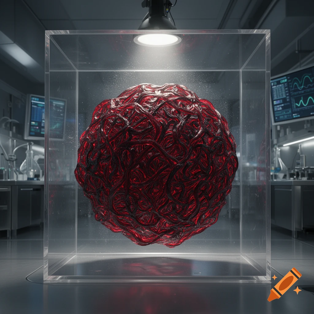 A red and black pulsating organic mass in a clear glass box under a spotlight in a lab, with data screens in the background.