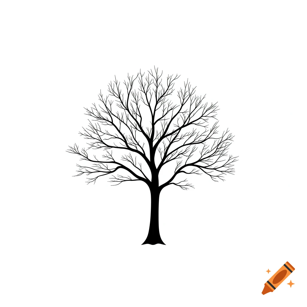 A minimalist black silhouette of a bare tree with many branches against a white background.