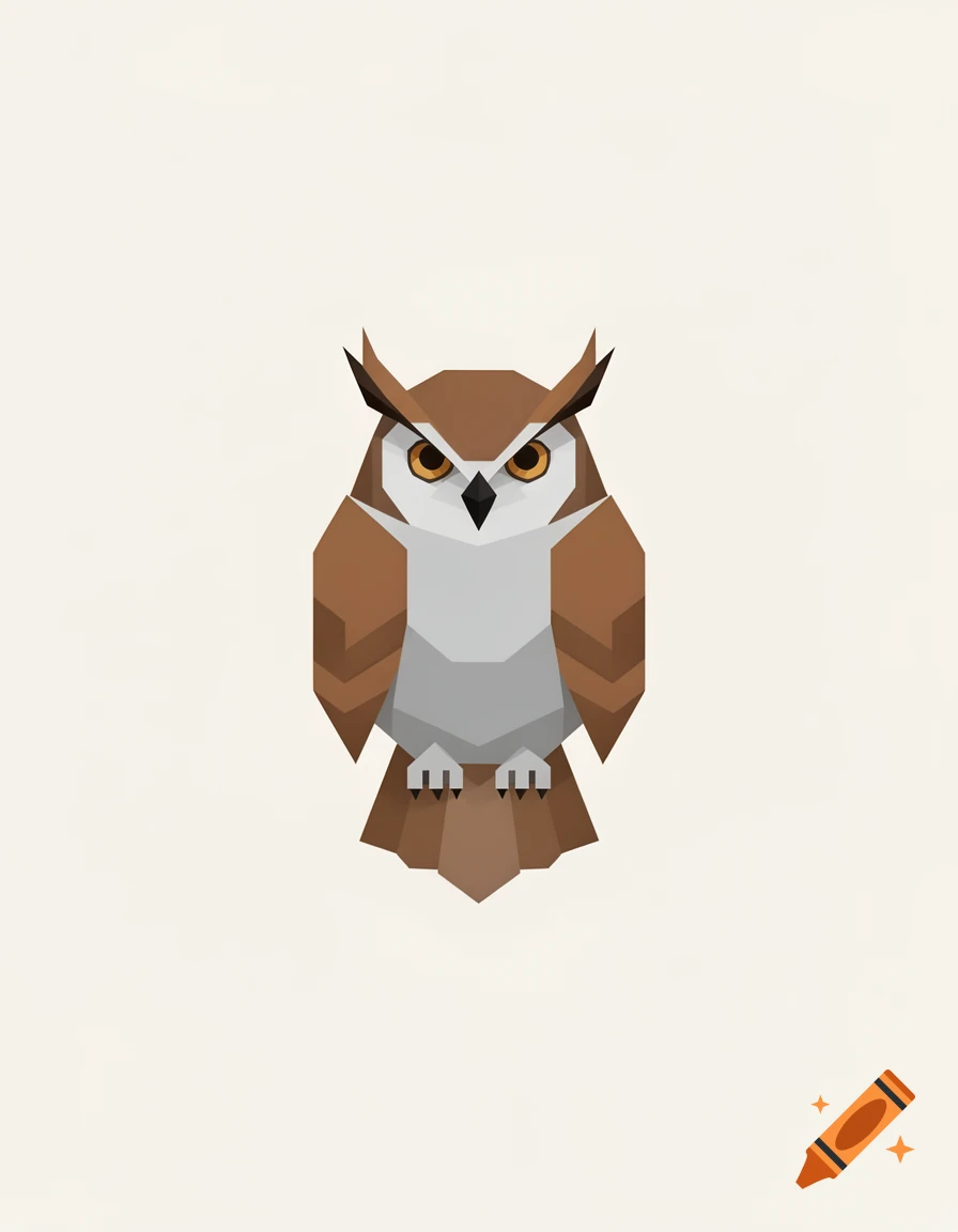 A stylized geometric owl with brown and white plumage, black eyes, and a small black beak on a light background.
