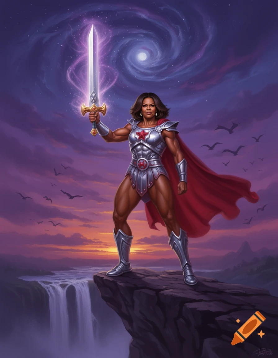 Michelle Obama as a muscular warrior in silver armor and red cape, holding a glowing sword on a cliff overlooking a waterfall at sunset under a cosmic sky.