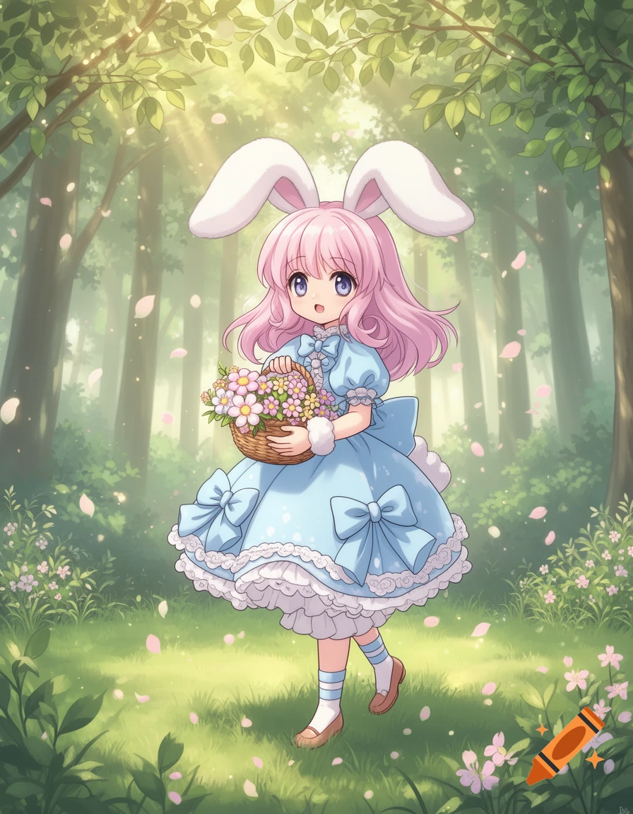 A cute anime bunny girl with pink hair and white ears in a blue dress walks through a sunlit forest, holding a basket of flowers.
