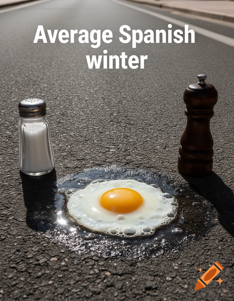 A photorealistic image of a fried egg sizzling on an asphalt road next to a salt shaker and pepper mill, with text 'Average Spanish winter'.