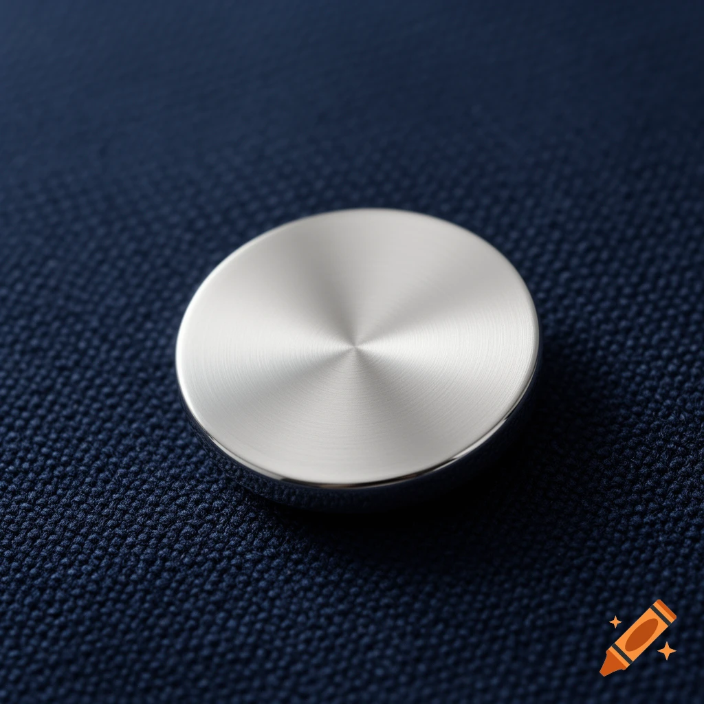 A close-up of a silver, brushed metal disc with concentric circles, resting on a dark blue textured fabric.