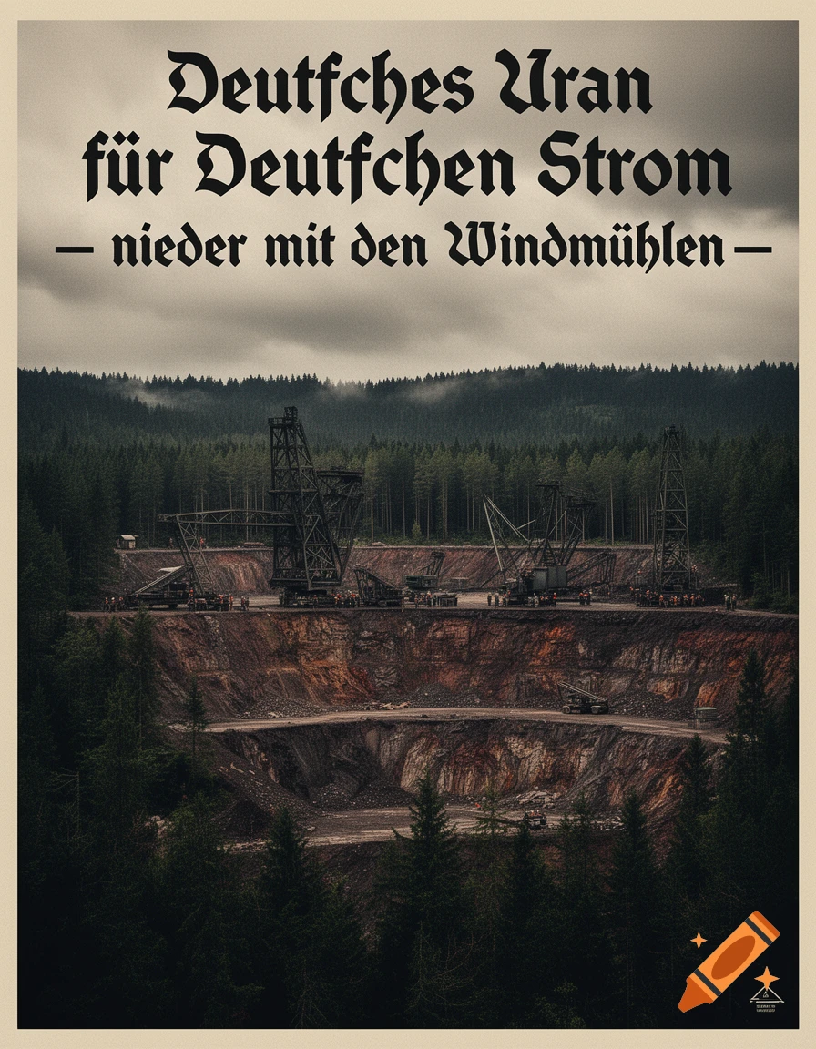 A vintage-style propaganda poster shows an open-pit uranium mine with large machinery in a dense forest, under text reading "German Uranium for German Electricity - down with wind turbines".