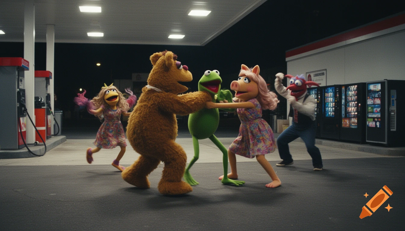 Kermit, Miss Piggy, Fozzie Bear, and another Muppet playfully scuffle at a dimly lit gas station at night, photorealistic style.