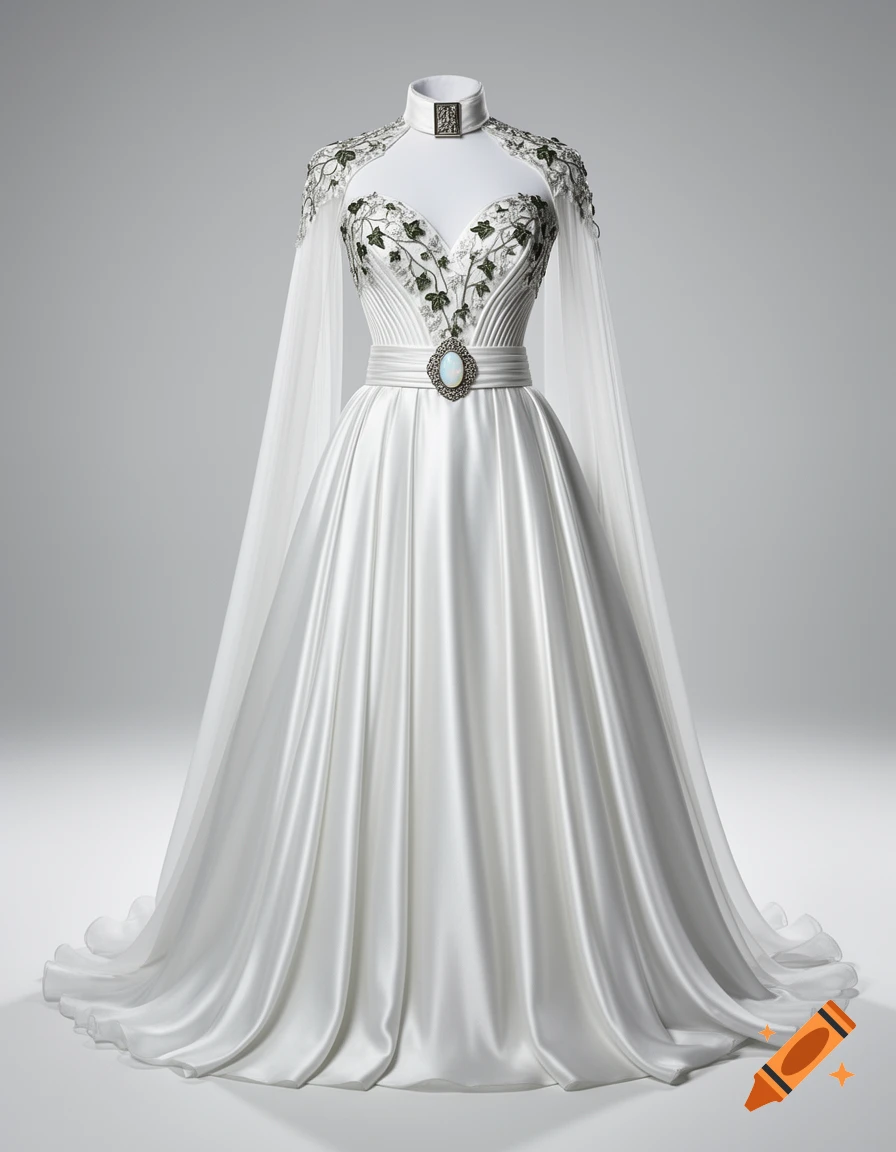 A white fantasy-inspired gown on a mannequin, featuring green vine embroidery, sheer cape sleeves, and a prominent opal brooch.