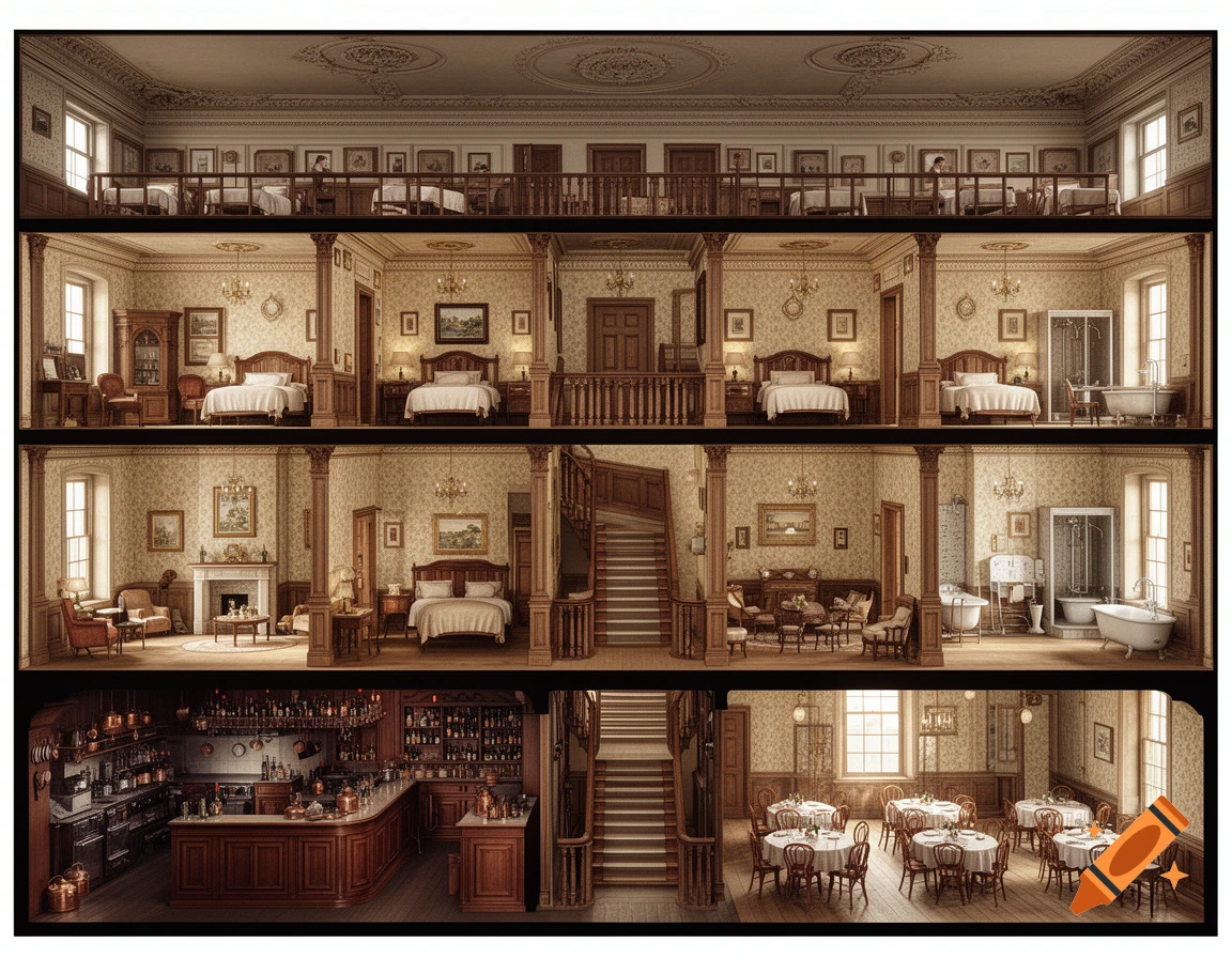 Detailed photorealistic cross-section of a multi-story Edwardian hotel, showing bedrooms, dining room, kitchen, and bar.