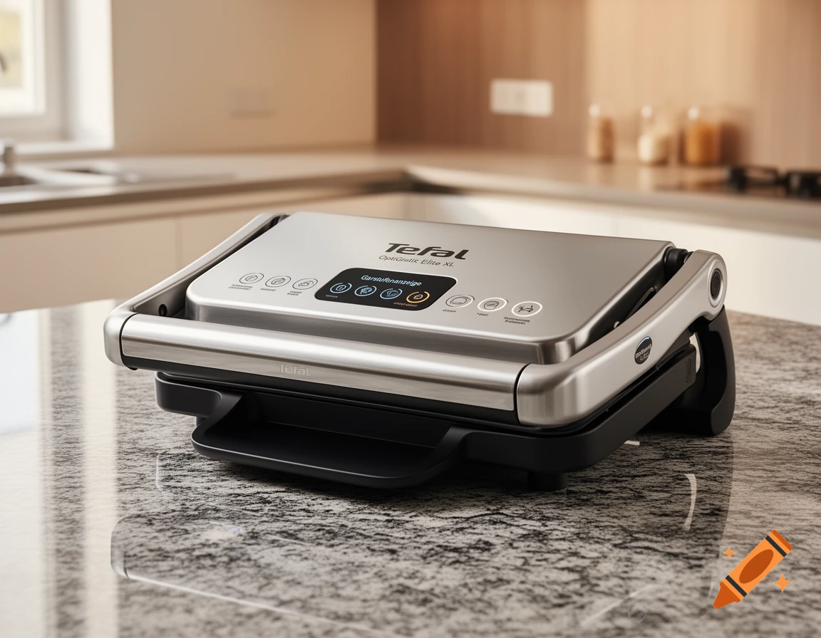 Photorealistic close-up of a silver Tefal OptiGrill Elite XL electric contact grill on a speckled kitchen counter.