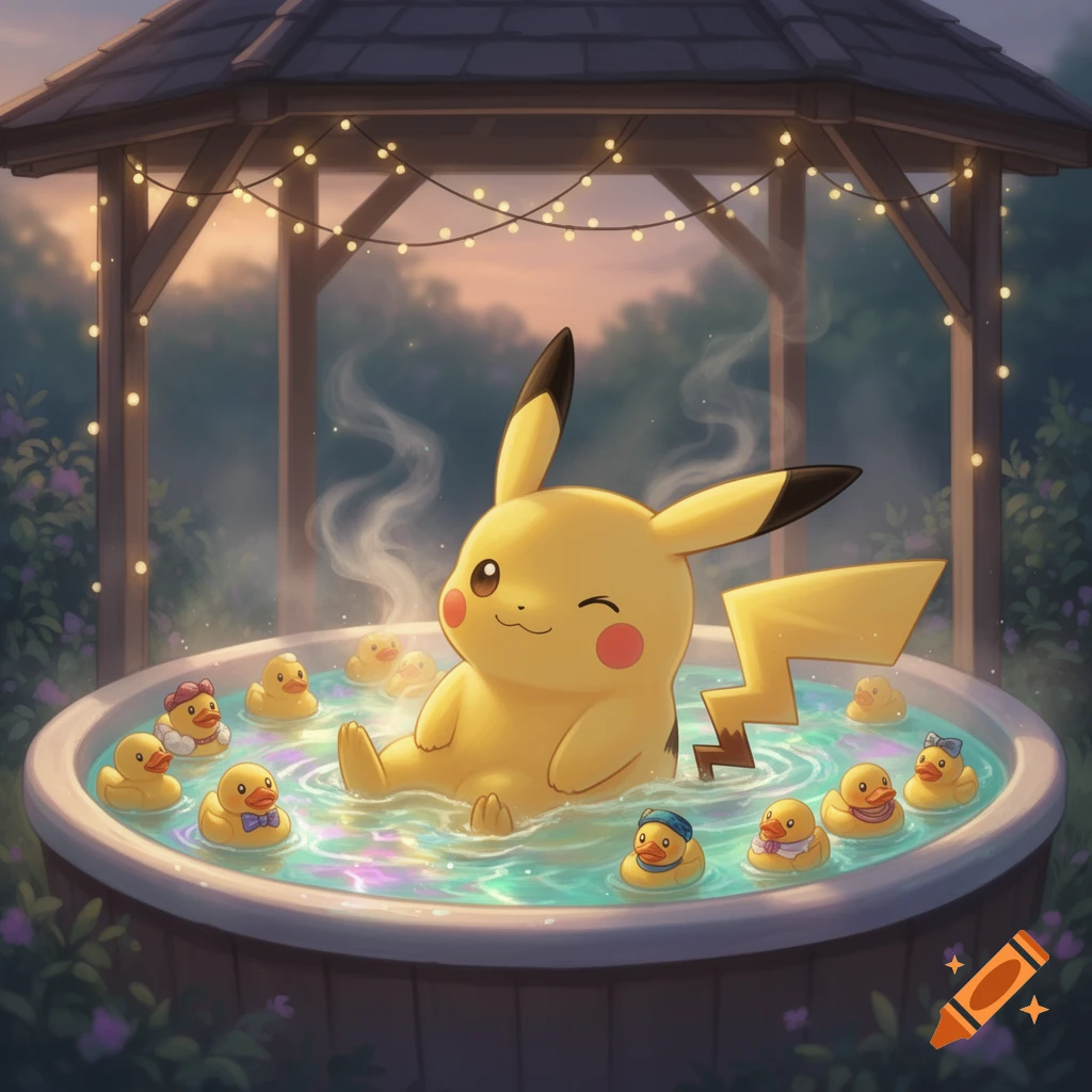 Pikachu winks while relaxing in a steamy hot tub surrounded by rubber ducks, under a gazebo lit with string lights.