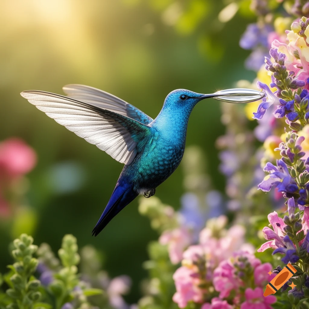 A vibrant blue and teal hummingbird with silver wings hovers in a garden, drinking nectar from purple and pink flowers.