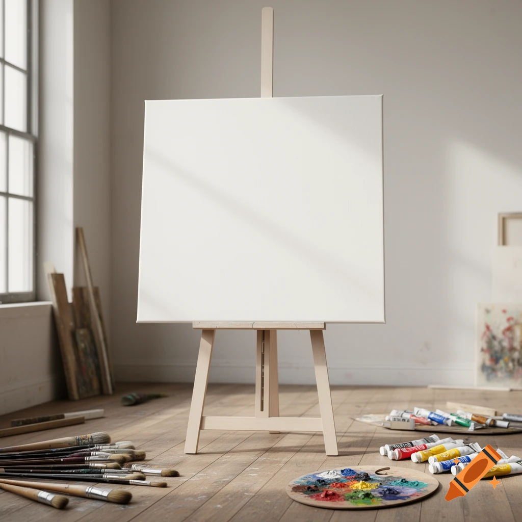 A blank white canvas on a wooden easel in a sunlit art studio, surrounded by paint tubes, brushes, and a palette on a wooden floor.