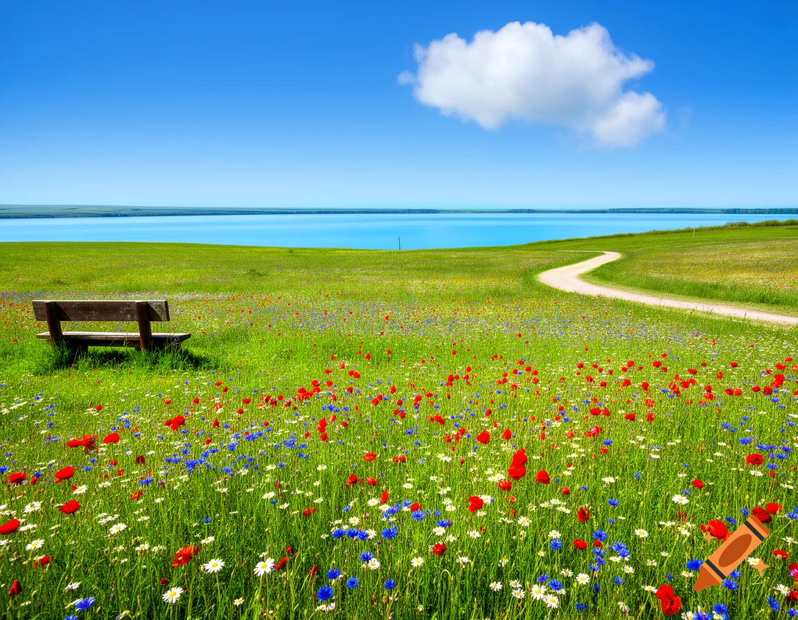 A vibrant landscape features a wooden bench overlooking a field of red poppies, blue cornflowers, and white daisies, with a winding path leading to a calm blue lake under a clear sky with one white cloud.