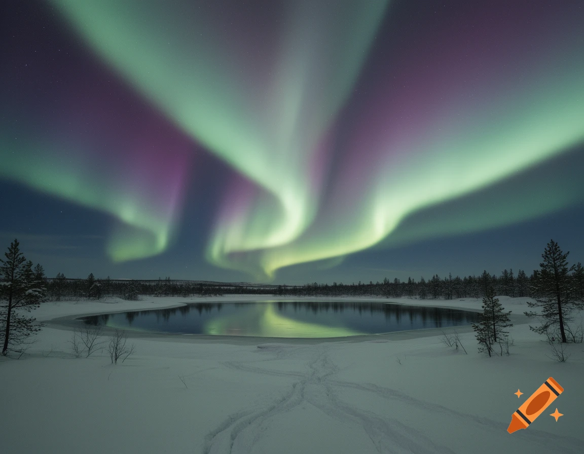 Vibrant green and purple aurora borealis over a snowy winter landscape with a still lake reflecting the sky and pine trees.