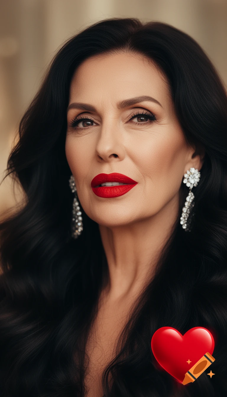 A close-up, cinematic portrait of a beautiful mature woman with long dark wavy hair, bold red lipstick, and sparkling diamond drop earrings. A red heart is in the bottom right.