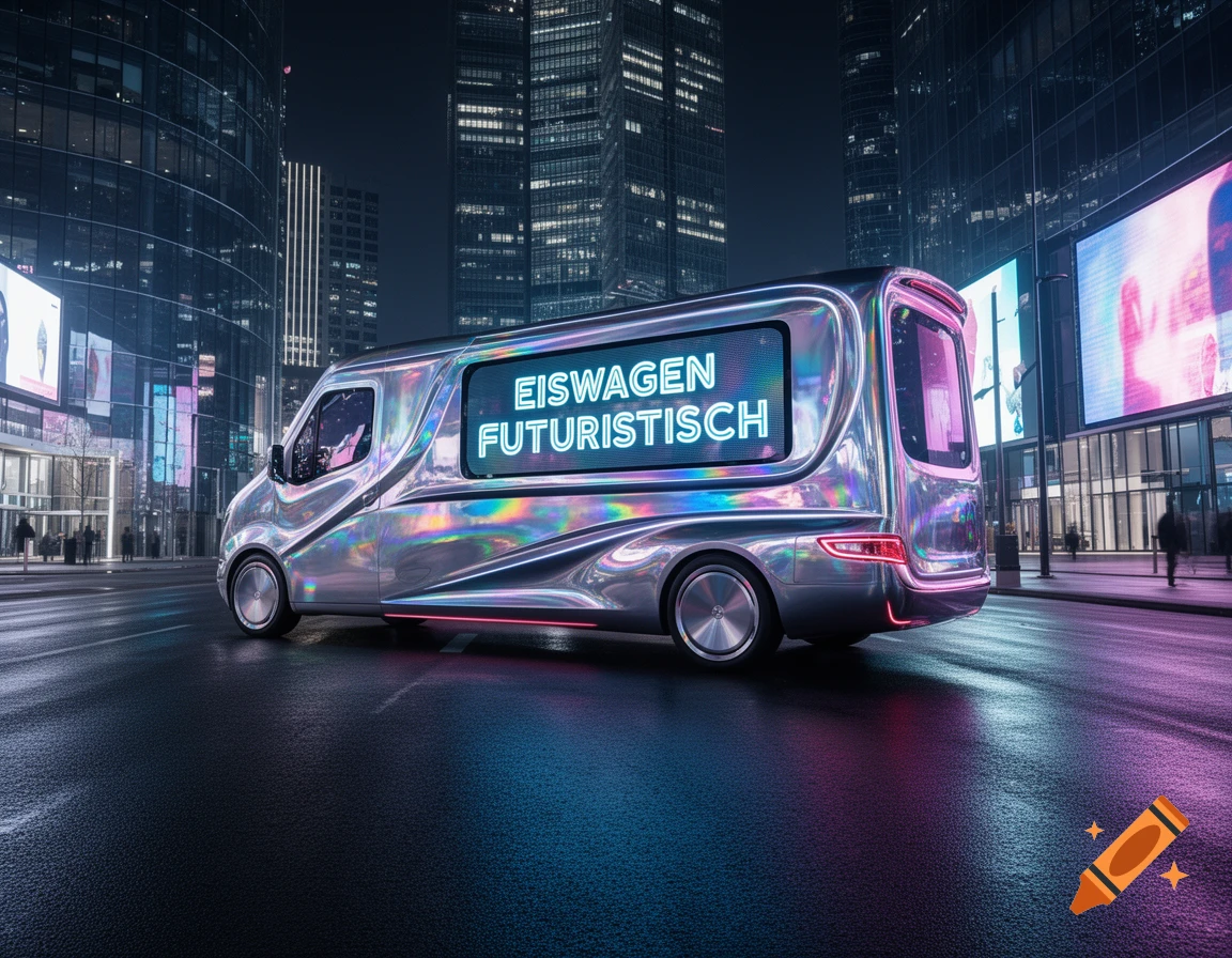 A futuristic, iridescent chrome van with a glowing 'EISWAGEN FUTURISTISCH' sign drives through a neon-lit city street at night, photorealistic.