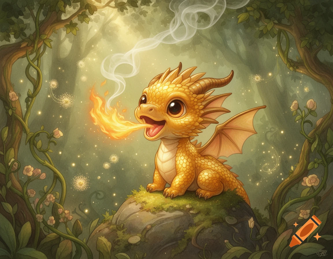 A cute golden baby dragon with big eyes sits on a mossy rock, breathing fire in a magical forest illustration.