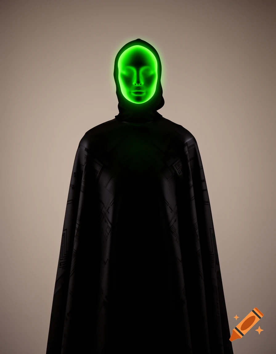 A mysterious figure in a dark, patterned cloak with a glowing neon green mask-like face against a beige background.