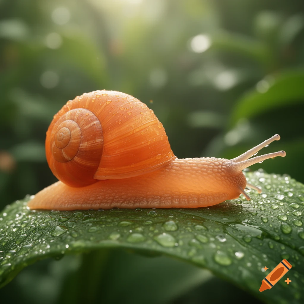 A vibrant orange snail with an orange shell crawls across a green leaf covered in dew drops under soft sunlight.