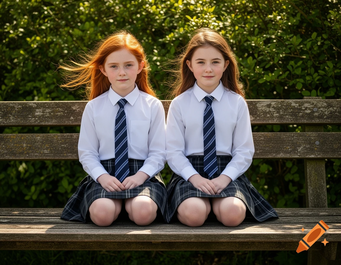 Two young girls in white shirts and plaid skirts with ties kneel on a wooden bench outdoors.