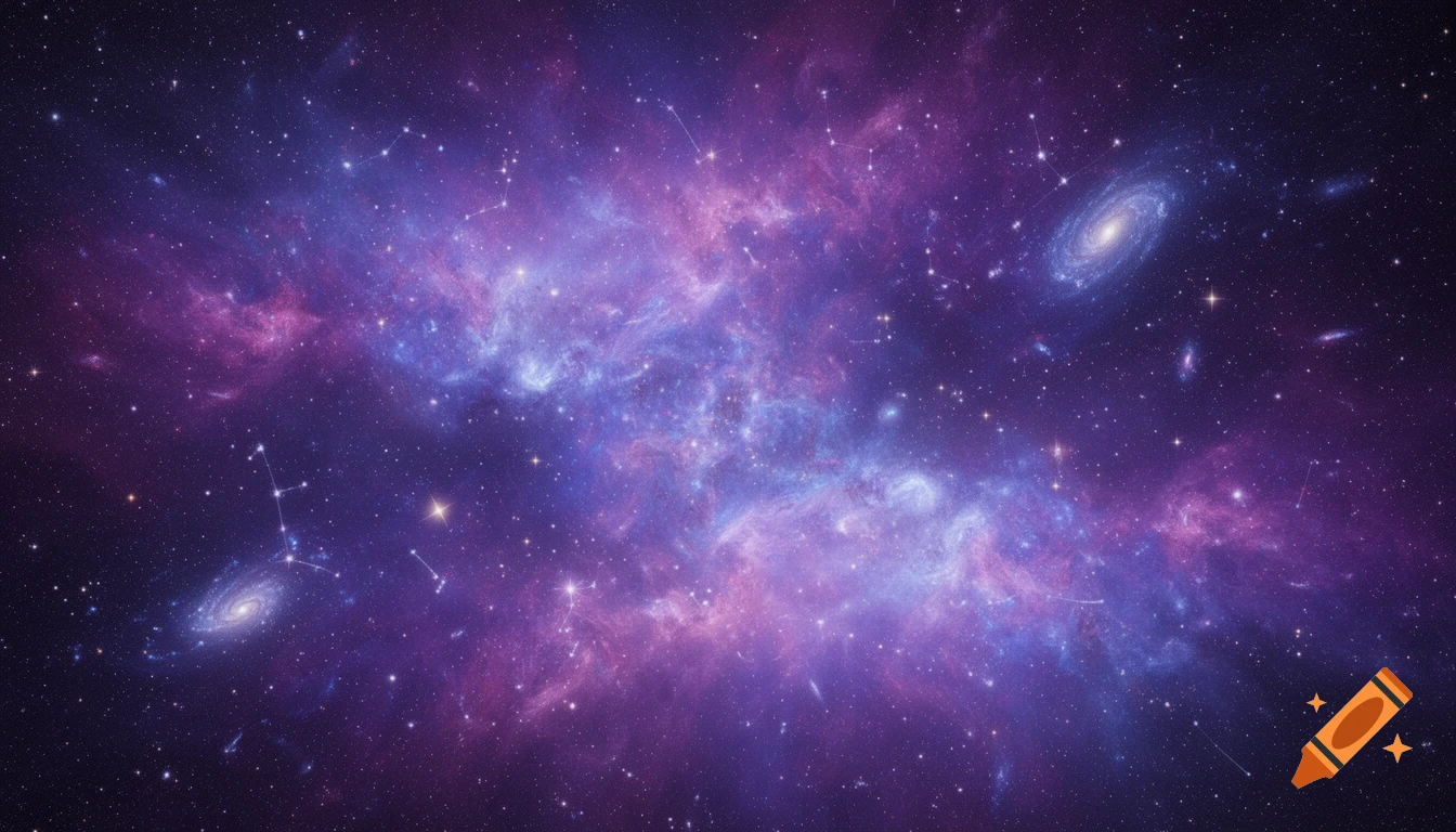 Vibrant purple and blue galaxy with nebulae, swirling stars, and faint constellations in deep space.